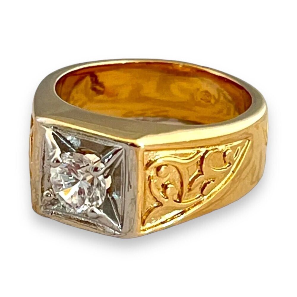 Vintage 1980s Cubic Zirconia Ring Two Tone 18K Gold Plate Size 9 - 14B